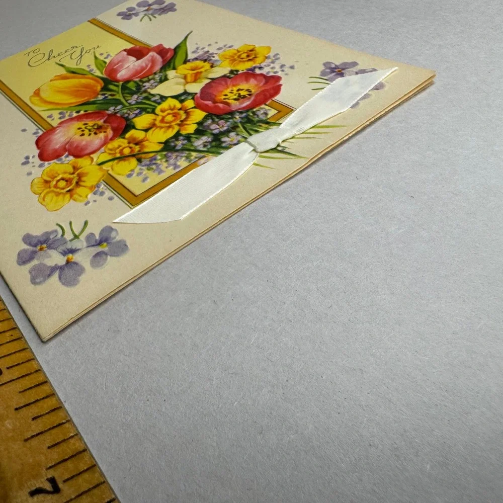 Vintage Get Well Card To Cheer You Floral Tulips Daffodils Embossed Ribbon